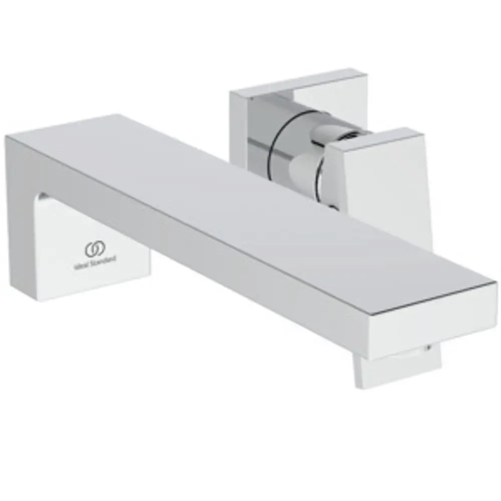 Chromfarbenes Wand-Waschbeckenarmatur von Ideal Standard mit flachem Wasserhahn und seitlichem Bedienelement.